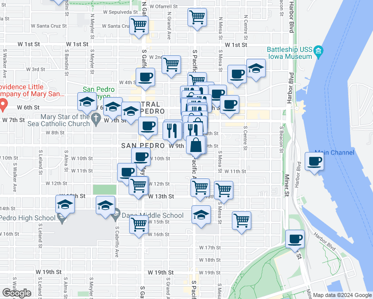 map of restaurants, bars, coffee shops, grocery stores, and more near 529 West 9th Street in Los Angeles