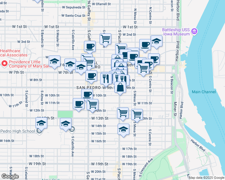 map of restaurants, bars, coffee shops, grocery stores, and more near 525 West 8th Street in Los Angeles