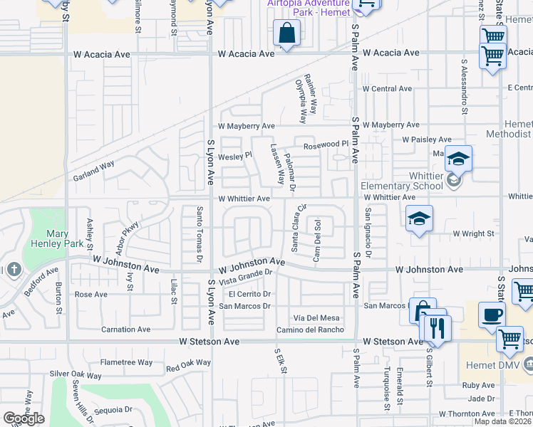 map of restaurants, bars, coffee shops, grocery stores, and more near 161 San Mateo Circle in Hemet