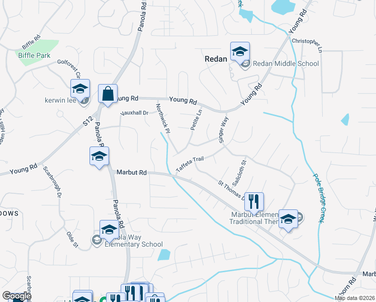 map of restaurants, bars, coffee shops, grocery stores, and more near 1868 Petite Lane in Lithonia
