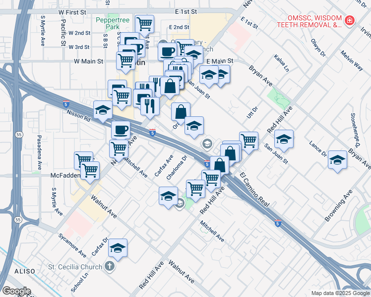map of restaurants, bars, coffee shops, grocery stores, and more near 1171 El Camino Real in Tustin