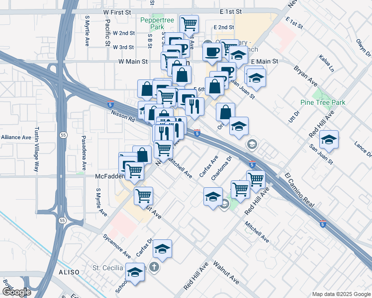 map of restaurants, bars, coffee shops, grocery stores, and more near 1041 Walter Avenue in Tustin