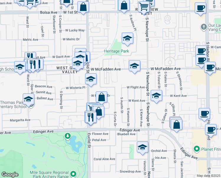 map of restaurants, bars, coffee shops, grocery stores, and more near 4921 West Flight Avenue in Santa Ana