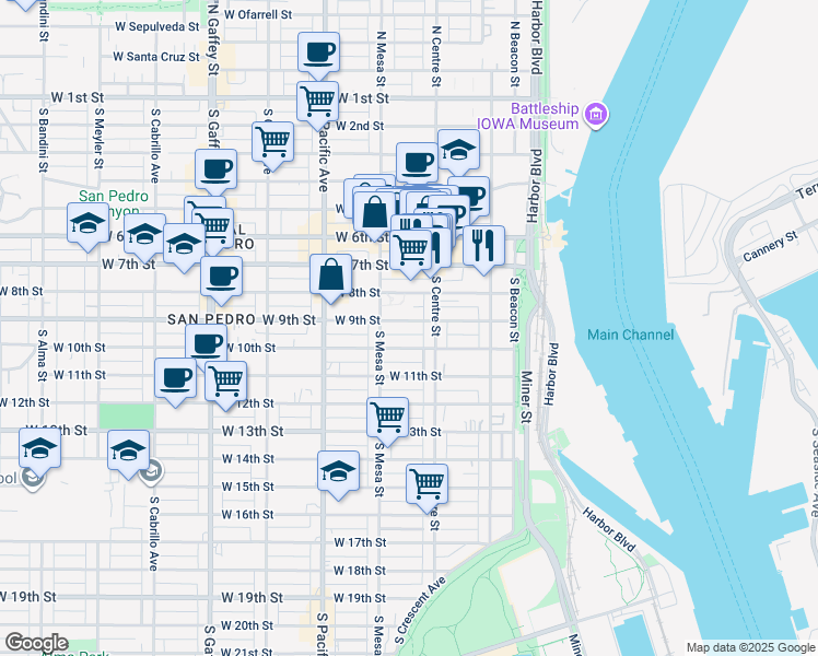 map of restaurants, bars, coffee shops, grocery stores, and more near 817 South Centre Street in Los Angeles