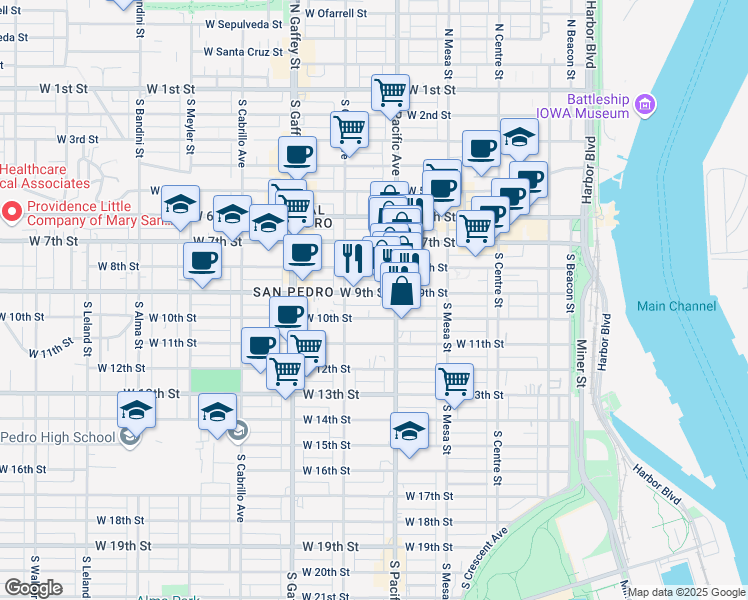 map of restaurants, bars, coffee shops, grocery stores, and more near 525 West 8th Street in Los Angeles