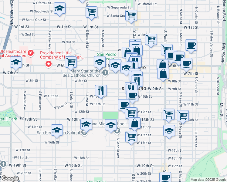 map of restaurants, bars, coffee shops, grocery stores, and more near 835 West 9th Street in Los Angeles