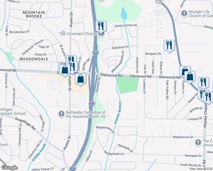 map of restaurants, bars, coffee shops, grocery stores, and more near 4605 Glenwood Road in Decatur
