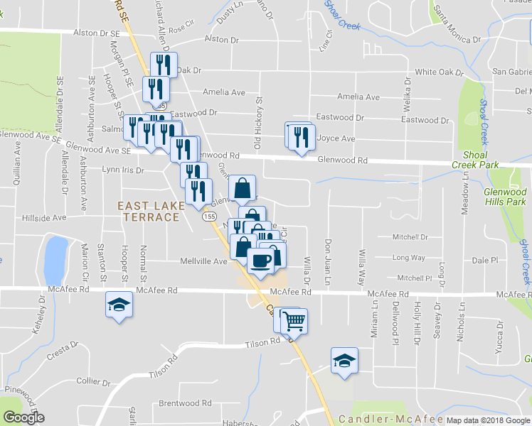 map of restaurants, bars, coffee shops, grocery stores, and more near 2605 Glenvalley Drive in Decatur