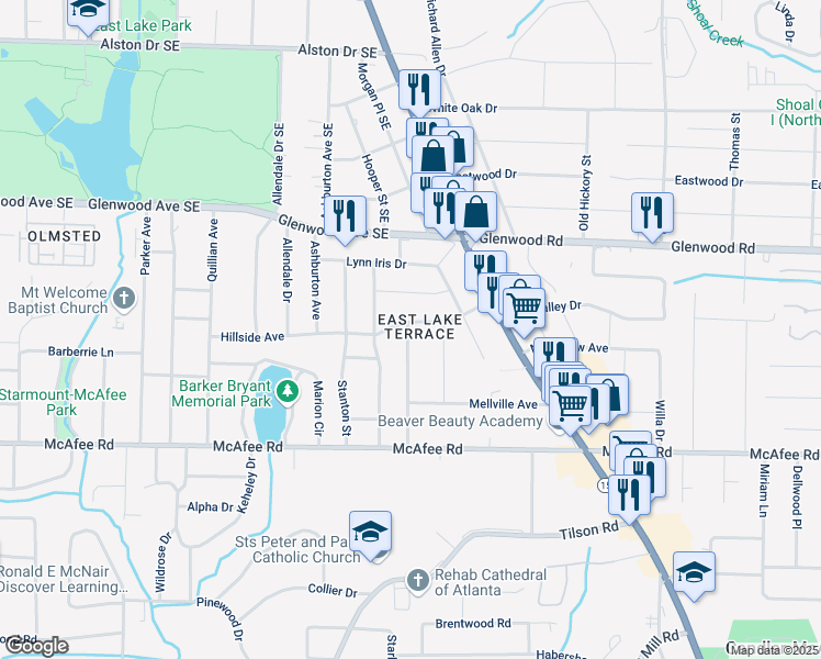map of restaurants, bars, coffee shops, grocery stores, and more near 2447 Hillside Avenue in Decatur