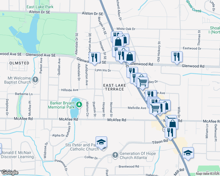 map of restaurants, bars, coffee shops, grocery stores, and more near 1880 Hooper Street in Decatur