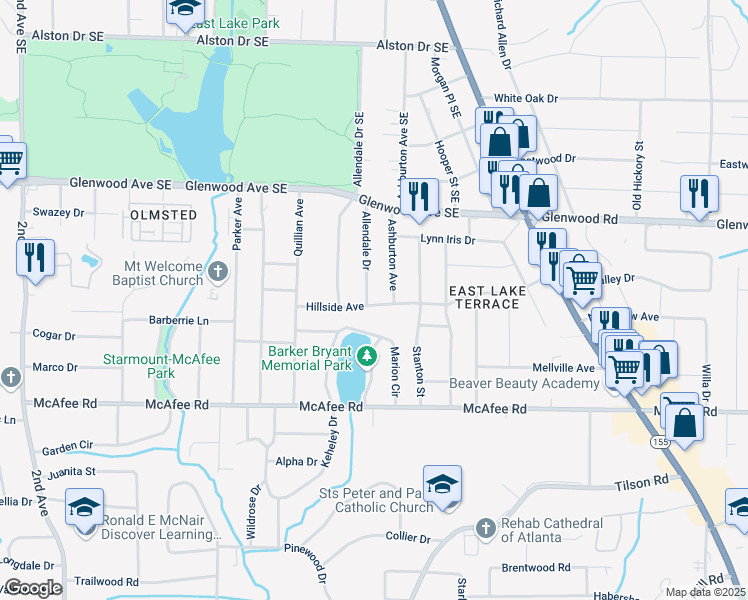 map of restaurants, bars, coffee shops, grocery stores, and more near 558 Allendale Drive in Decatur
