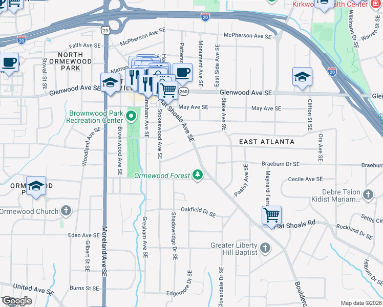 map of restaurants, bars, coffee shops, grocery stores, and more near 641 Flat Shoals Avenue Southeast in Atlanta