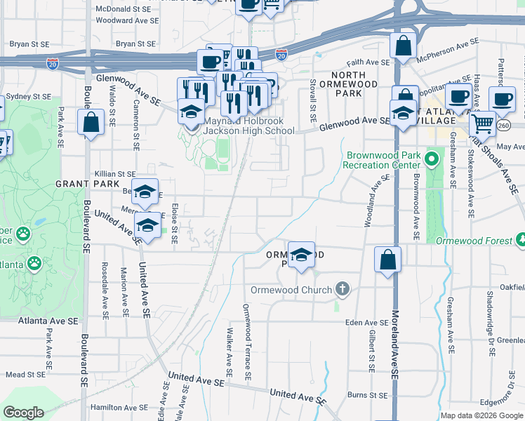 map of restaurants, bars, coffee shops, grocery stores, and more near 935 Berne Street Southeast in Atlanta