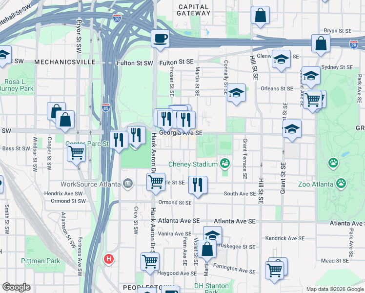 map of restaurants, bars, coffee shops, grocery stores, and more near 73 Georgia Avenue Southeast in Atlanta
