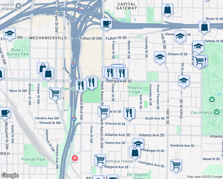map of restaurants, bars, coffee shops, grocery stores, and more near 29 Georgia Avenue Southeast in Atlanta