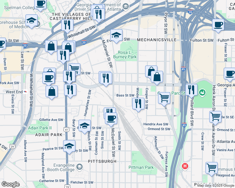 map of restaurants, bars, coffee shops, grocery stores, and more near 701 Smith Street Southwest in Atlanta