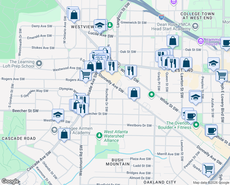 map of restaurants, bars, coffee shops, grocery stores, and more near 716 Bernice Street Southwest in Atlanta