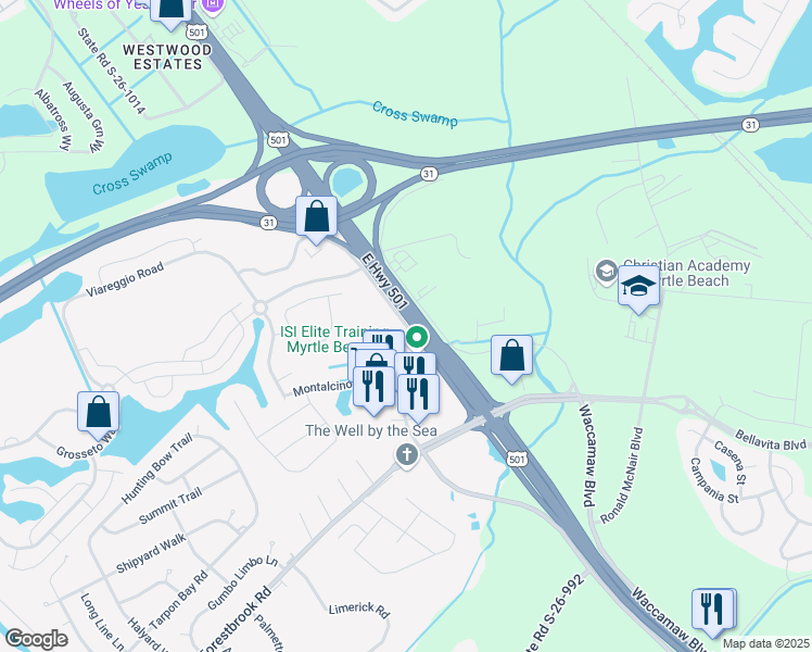 map of restaurants, bars, coffee shops, grocery stores, and more near Belle Terre Boulevard in Myrtle Beach
