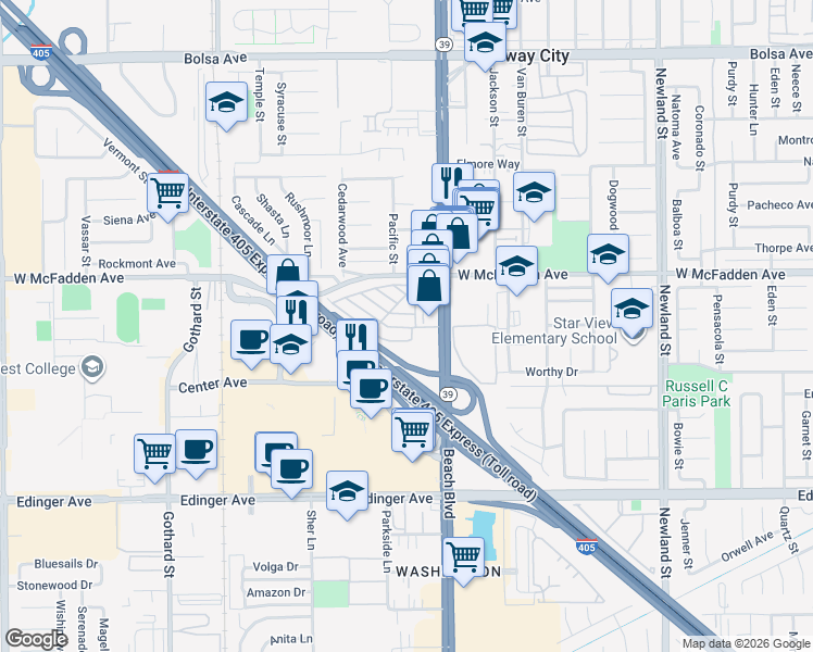map of restaurants, bars, coffee shops, grocery stores, and more near 15621 Beach Boulevard in Westminster