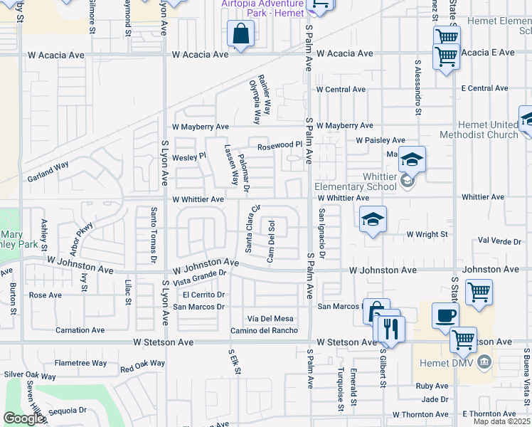 map of restaurants, bars, coffee shops, grocery stores, and more near 220 San Carlos Drive in Hemet