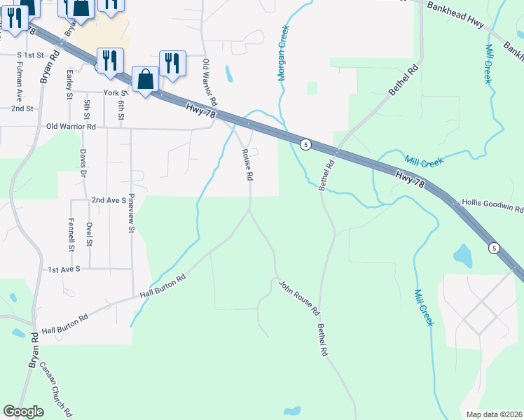 map of restaurants, bars, coffee shops, grocery stores, and more near 335 Rouse Road in Sumiton