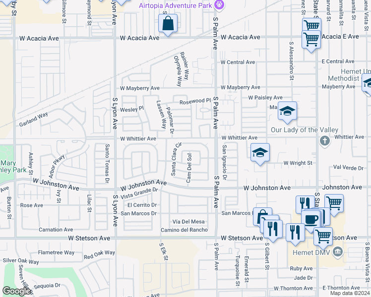 map of restaurants, bars, coffee shops, grocery stores, and more near 220 San Carlos Drive in Hemet