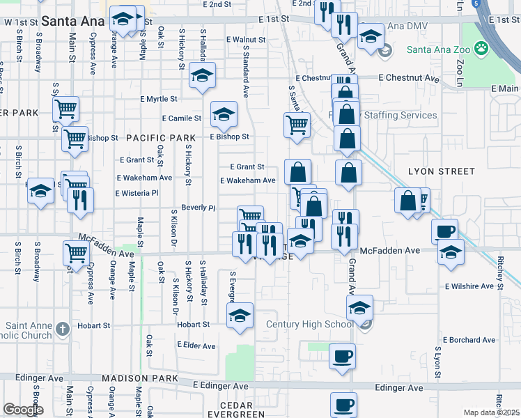 map of restaurants, bars, coffee shops, grocery stores, and more near 1001 South Standard Avenue in Santa Ana