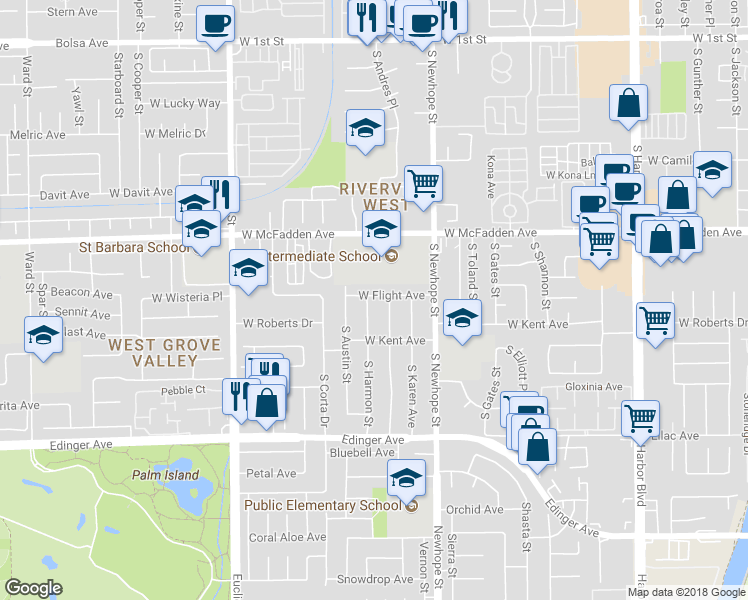 map of restaurants, bars, coffee shops, grocery stores, and more near 901 South Harmon Street in Santa Ana