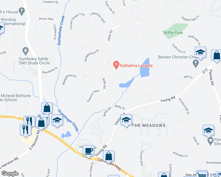 map of restaurants, bars, coffee shops, grocery stores, and more near 1857 Fairpointe Trce in Stone Mountain