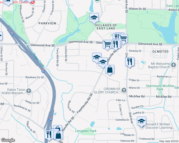 map of restaurants, bars, coffee shops, grocery stores, and more near 1813 Terry Mill Road Southeast in Atlanta