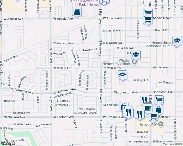 map of restaurants, bars, coffee shops, grocery stores, and more near 250 Santa Clara Circle in Hemet