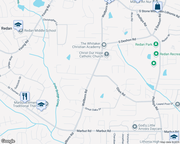 map of restaurants, bars, coffee shops, grocery stores, and more near 1851 Wellborn Road in Lithonia