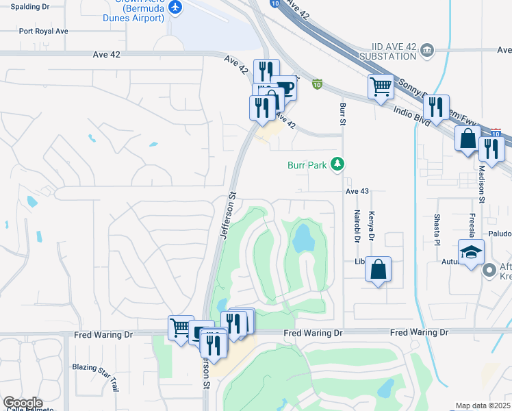 map of restaurants, bars, coffee shops, grocery stores, and more near 80526 Dunbar Drive in Indio