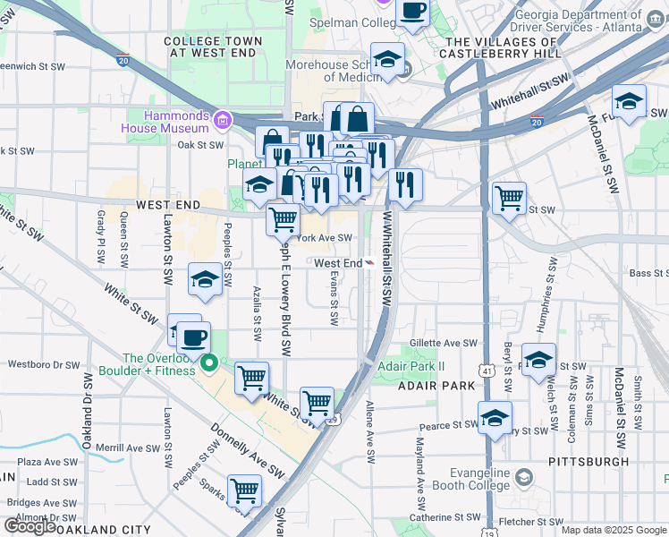 map of restaurants, bars, coffee shops, grocery stores, and more near Evans Street Southwest in Atlanta