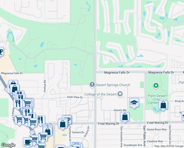 map of restaurants, bars, coffee shops, grocery stores, and more near 134 Castellana West in Palm Desert