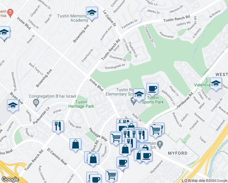 map of restaurants, bars, coffee shops, grocery stores, and more near 12974 Maxwell Drive in Tustin