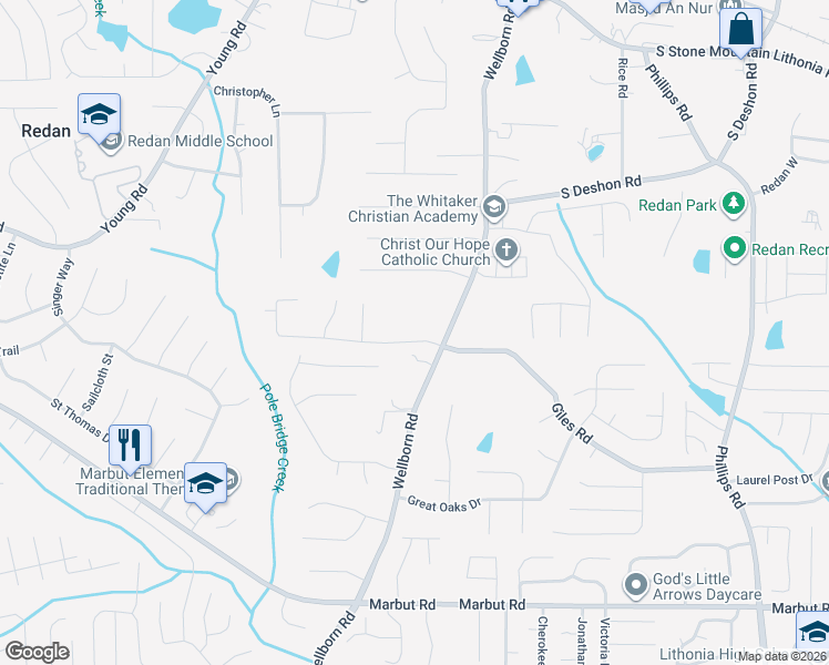 map of restaurants, bars, coffee shops, grocery stores, and more near 5964 Giles Road in Lithonia
