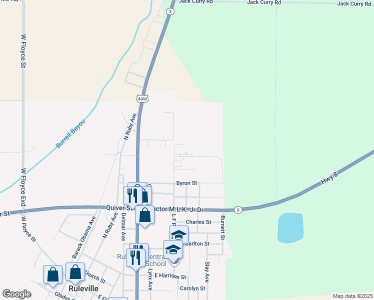 map of restaurants, bars, coffee shops, grocery stores, and more near 800 Stansel Drive in Ruleville