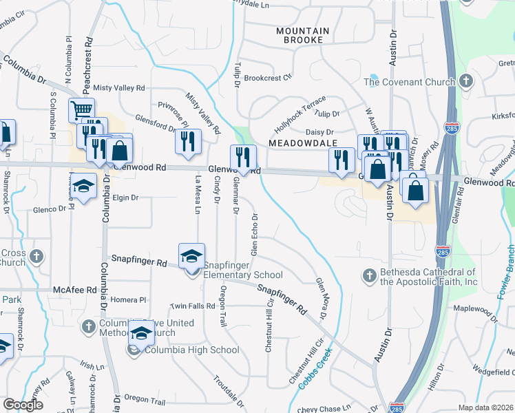map of restaurants, bars, coffee shops, grocery stores, and more near 1864 Glen Echo Drive in Decatur