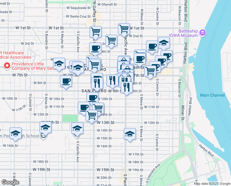 map of restaurants, bars, coffee shops, grocery stores, and more near 555 West 9th Street in Los Angeles
