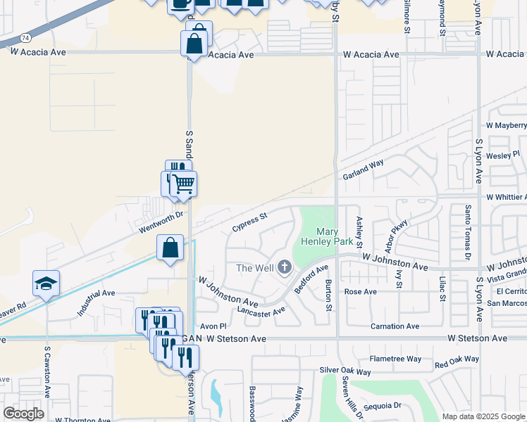map of restaurants, bars, coffee shops, grocery stores, and more near 2862 Cypress Street in Hemet