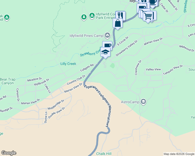 map of restaurants, bars, coffee shops, grocery stores, and more near 26820 California 243 in Idyllwild-Pine Cove