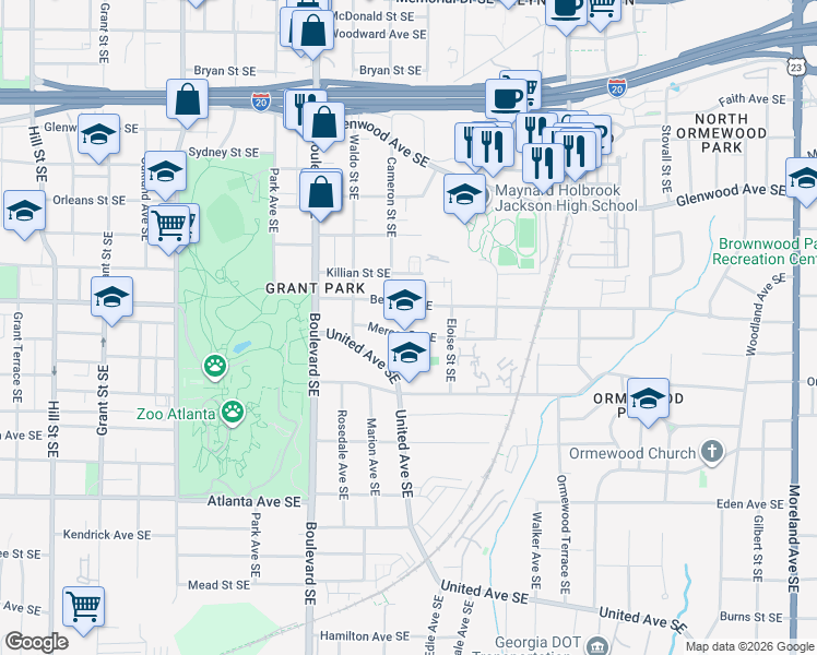 map of restaurants, bars, coffee shops, grocery stores, and more near 704 Mercer Street Southeast in Atlanta
