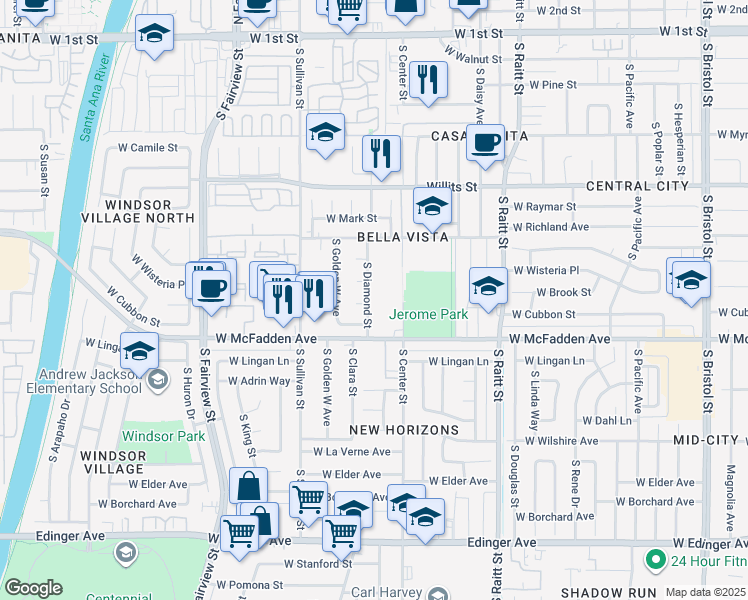 map of restaurants, bars, coffee shops, grocery stores, and more near 913 South Diamond Street in Santa Ana