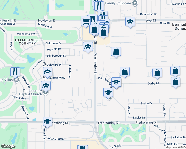 map of restaurants, bars, coffee shops, grocery stores, and more near 43095 Washington Street in Palm Desert