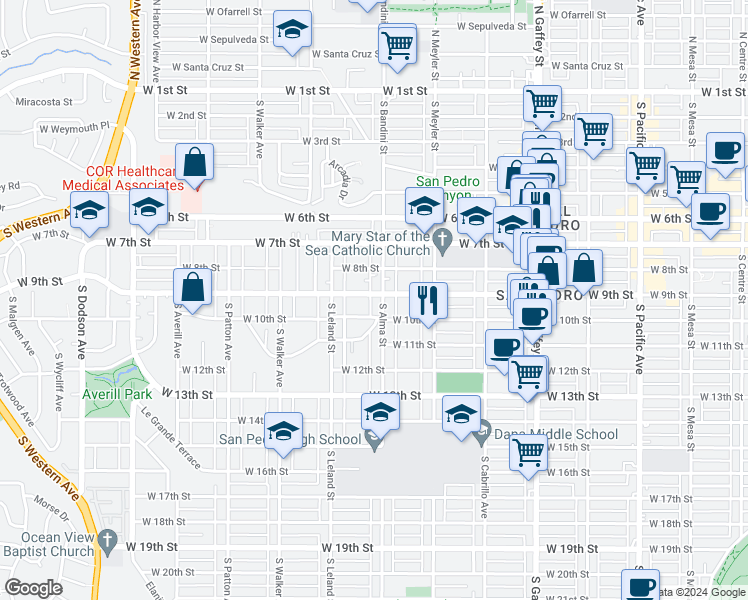 map of restaurants, bars, coffee shops, grocery stores, and more near 1005 West 9th Street in San Pedro