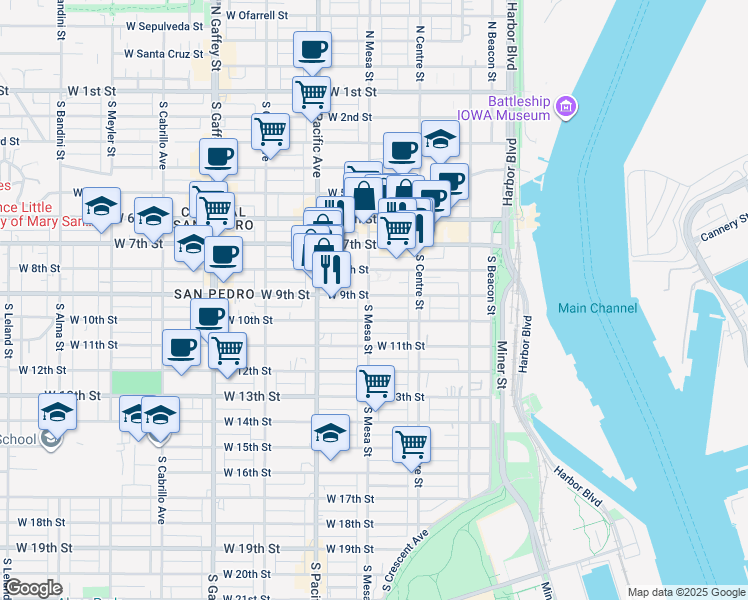 map of restaurants, bars, coffee shops, grocery stores, and more near 828 South Mesa Street in Los Angeles