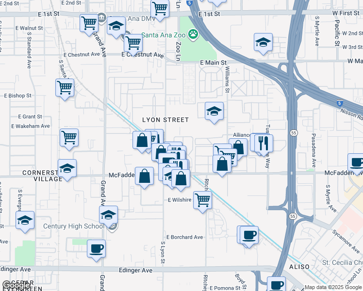 map of restaurants, bars, coffee shops, grocery stores, and more near 1733 Normandy Place in Santa Ana