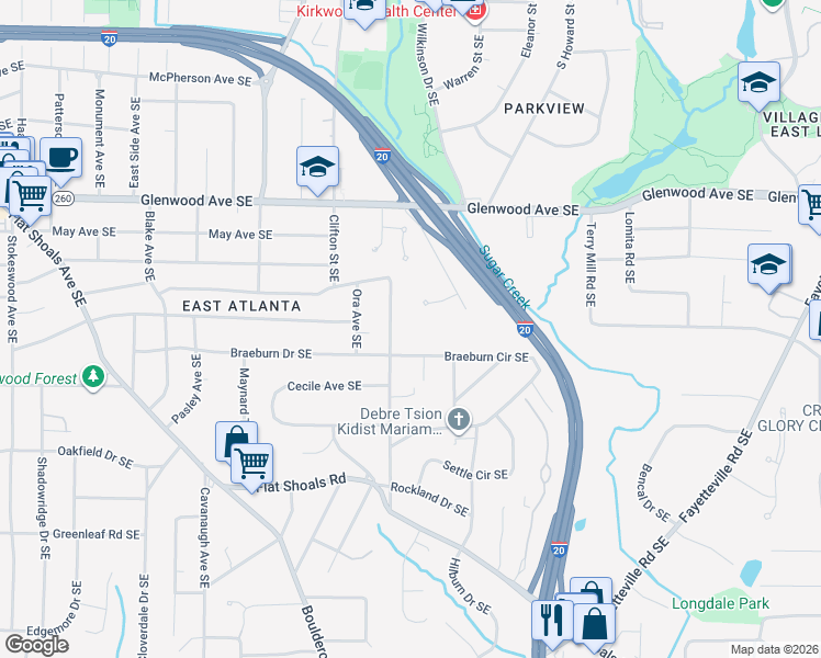 map of restaurants, bars, coffee shops, grocery stores, and more near 1511 Waltham Place Southeast in Atlanta