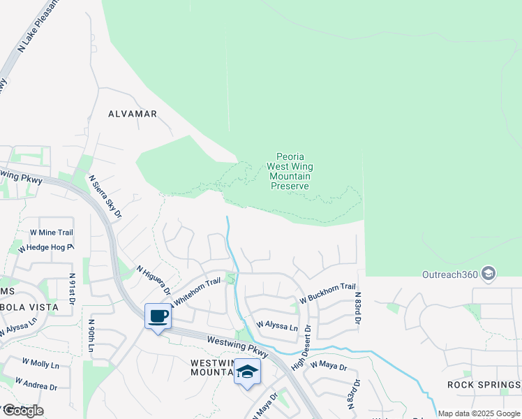 map of restaurants, bars, coffee shops, grocery stores, and more near West Wing Mountain Trail in Peoria